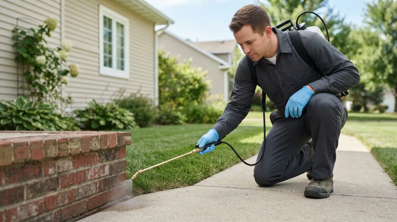 Pest control technician treating a home near Henrietta, MO