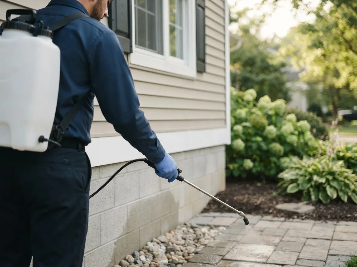 Pest control technician inspecting a home in Henrietta, MO